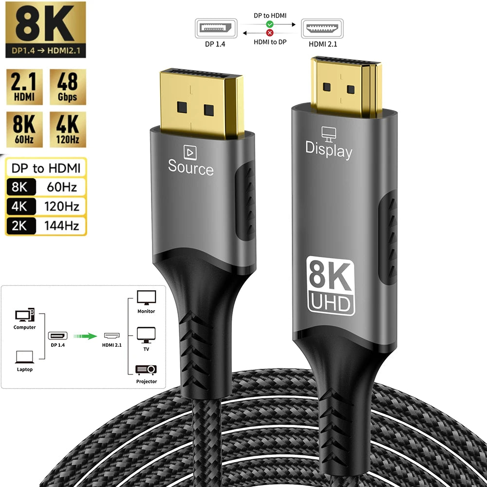 8K DisplayPort to HDMI Compatible Cable 8K@60Hz 4k@120hz DP to HDMI Adapter Display Port Video Audio for PC HDTV Projector Xbox